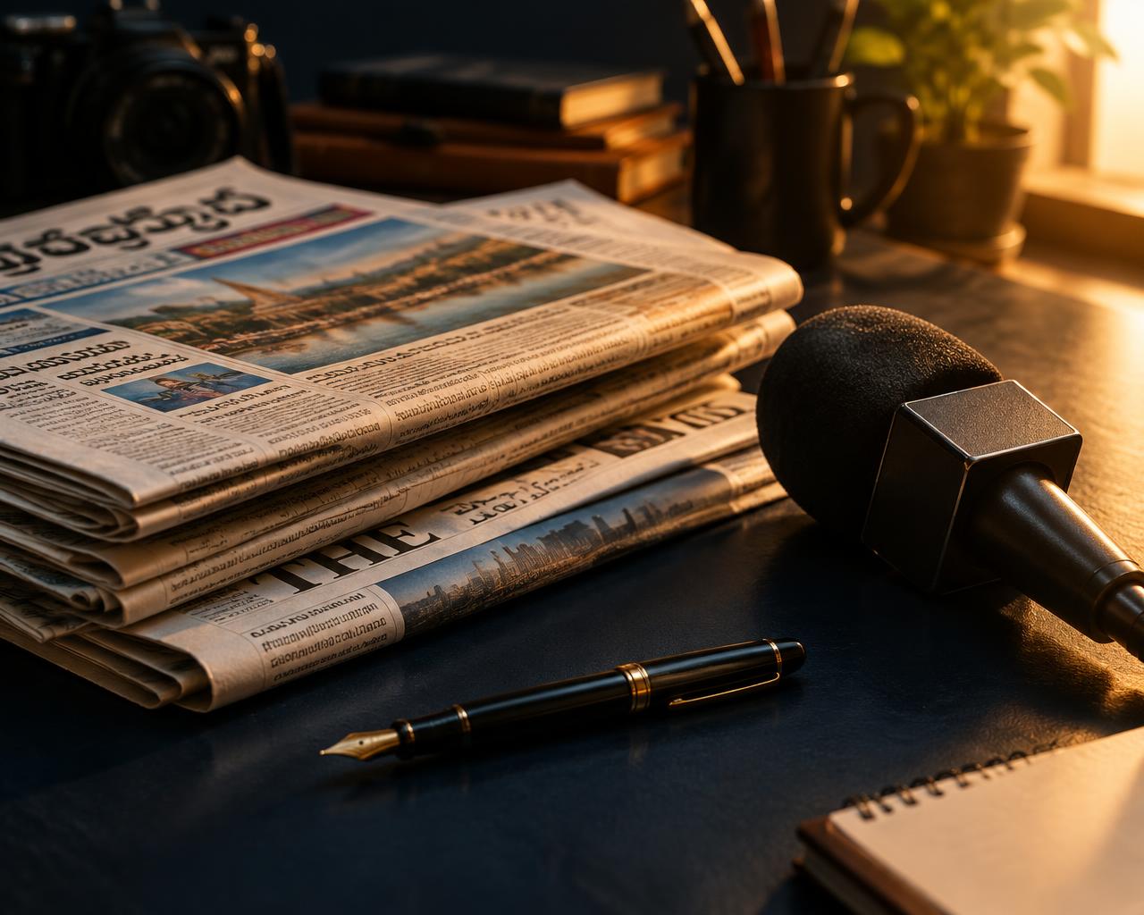 Newspapers, a fountain pen and a microphone on an editor's desk